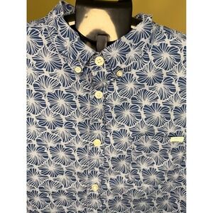Laguna Mens Blue White Floral Fan Print Short Sleeve Button Down Shirt Size M